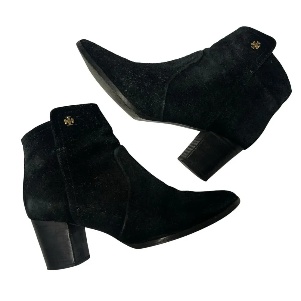 Tory Burch Sabe Ankle Boots Side Zip Black Suede Leather Booties Women’s Size 7